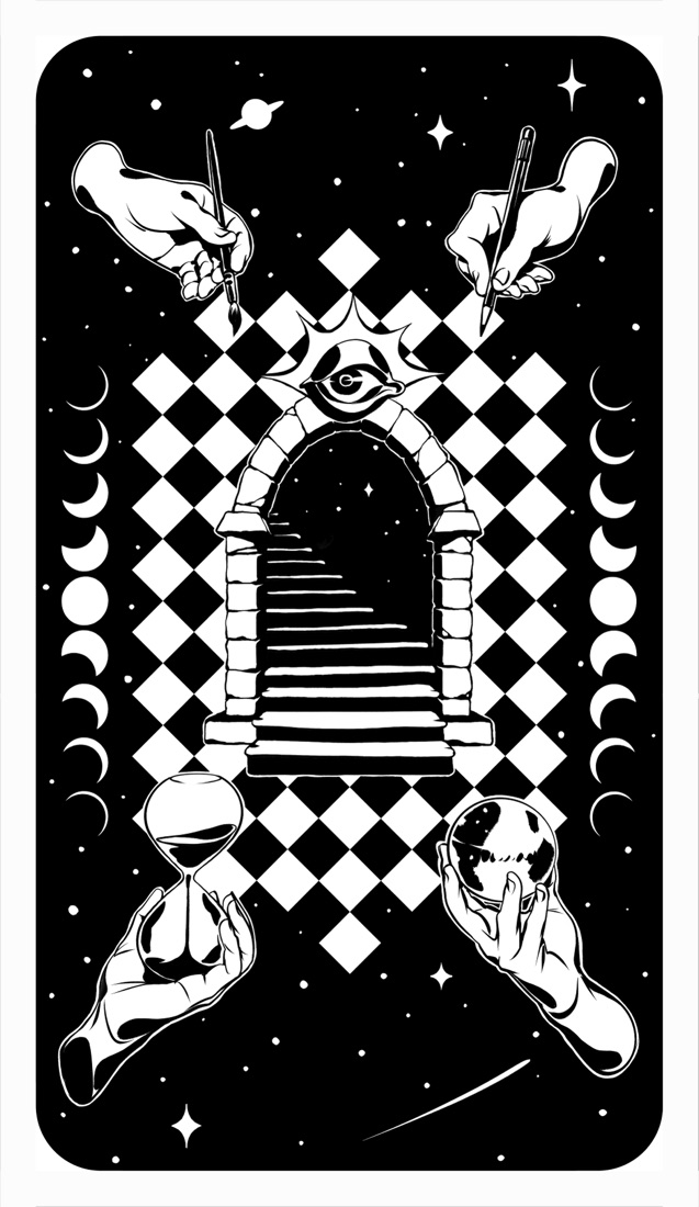 The Deck of Prompts card back: an archway of stairs beneath an all-seeing eye, ringed by moon phases and drawing hands
