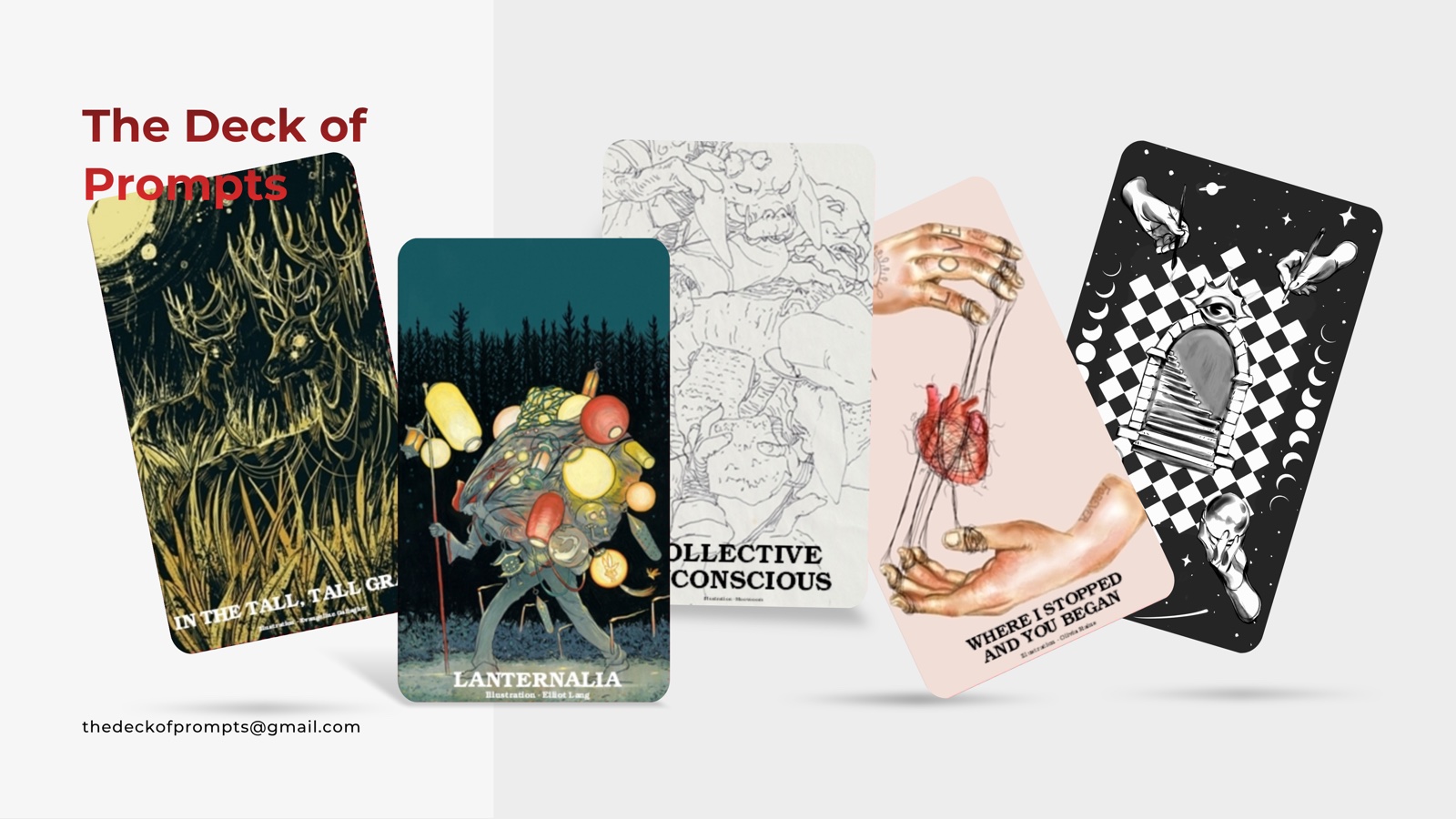 Mockup of the printed Deck of Prompts: five illustrated cards fanned out